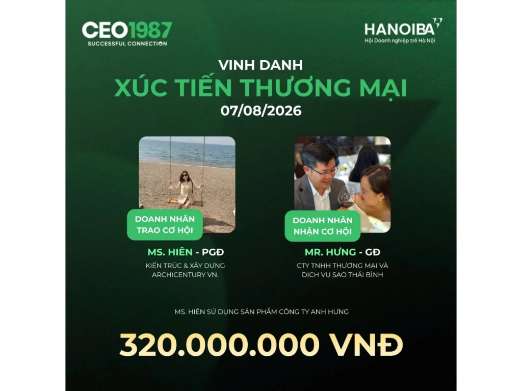 Ms. Hiên (Archicentury VN) trao cơ hội hợp tác 320 triệu đồng cho Mr. Hưng, chương trình Xúc Tiến Thương Mại CEO1987.