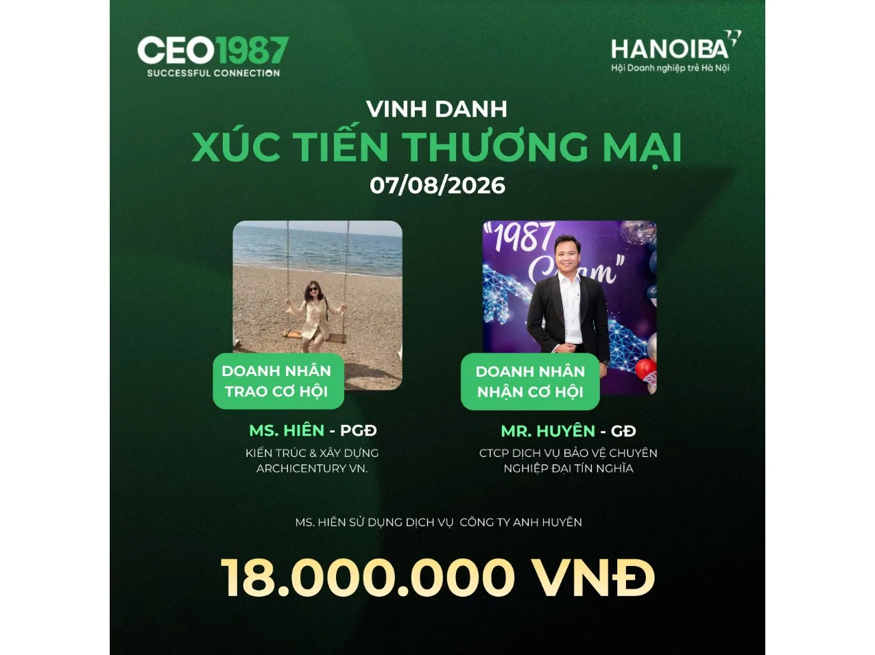 Ms. Hiên trao cơ hội hợp tác 18 triệu đồng cho Mr. Huyên, GĐ Đại Tín Nghĩa, tại Xúc Tiến Thương Mại CEO1987.