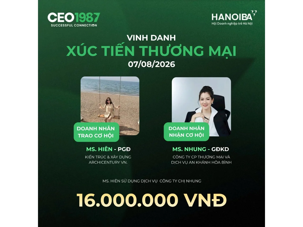 Ms. Hiên trao cơ hội hợp tác 16 triệu đồng cho Ms. Nhung, An Khánh Hòa Bình, đợt Xúc Tiến Thương Mại CEO1987.