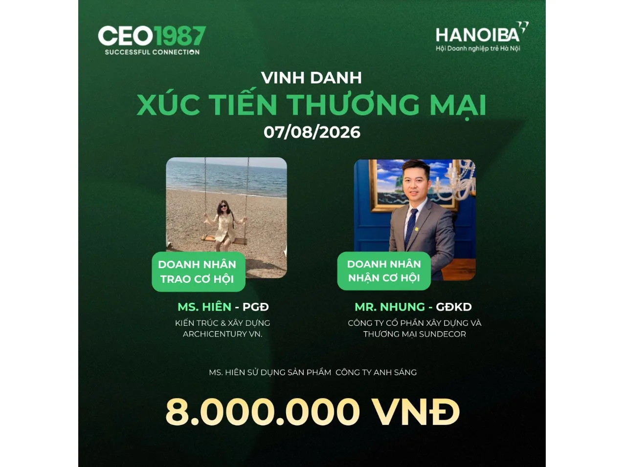Ms. Hiên trao cơ hội hợp tác 8 triệu đồng cho Anh Sáng, đại diện Sundecor, Xúc Tiến Thương Mại CEO1987.
