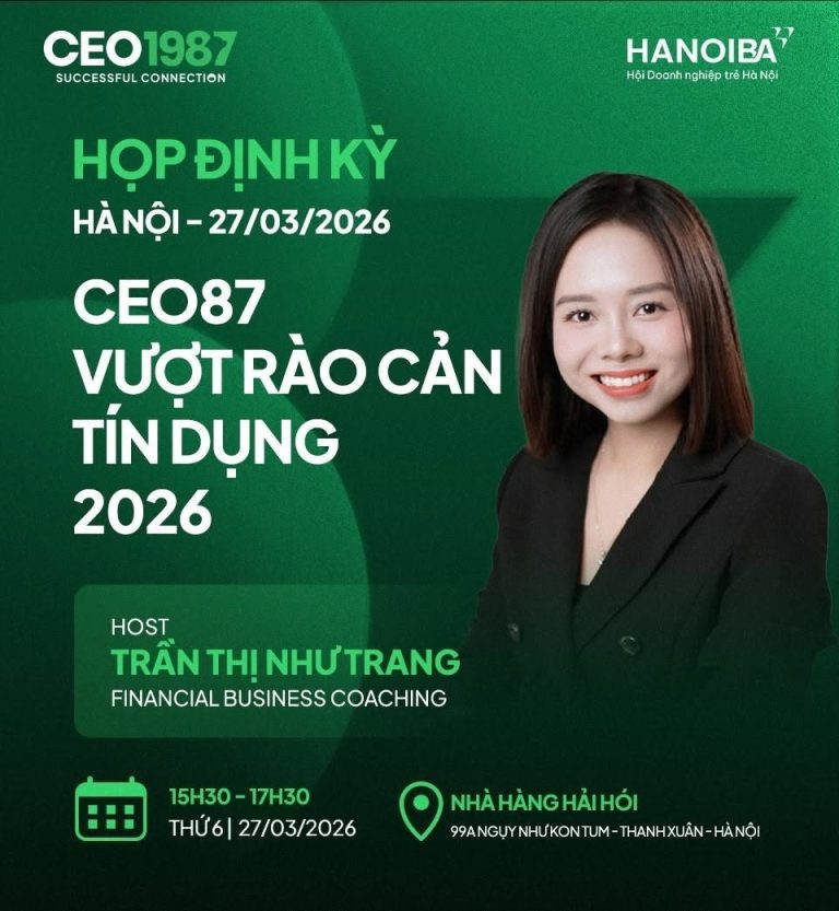 Poster họp định kỳ CEO1987 chủ đề Vượt Rào Cản Tín Dụng 2026 cùng diễn giả Trần Thị Như Trang tại Hà Nội.